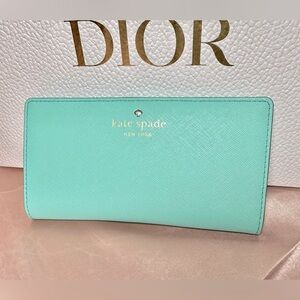 KATE SPADE Long Robbin’s Egg Blue Leather Bifold Wallet W/ Snap Closure EUC